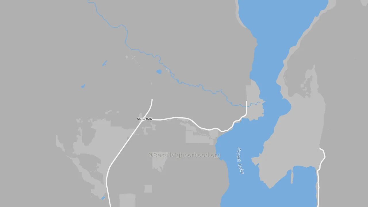 Walk Grade map of 83848, ID, walkable areas in green and car-dependent areas in red