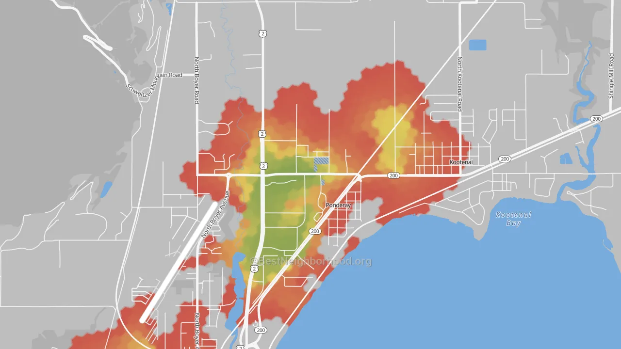 Walk Grade map of 83852, ID, walkable areas in green and car-dependent areas in red