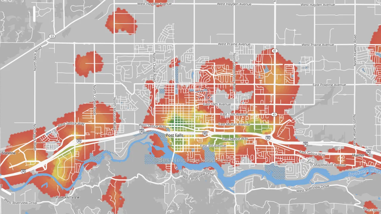 Walk Grade map of 83854, ID, walkable areas in green and car-dependent areas in red