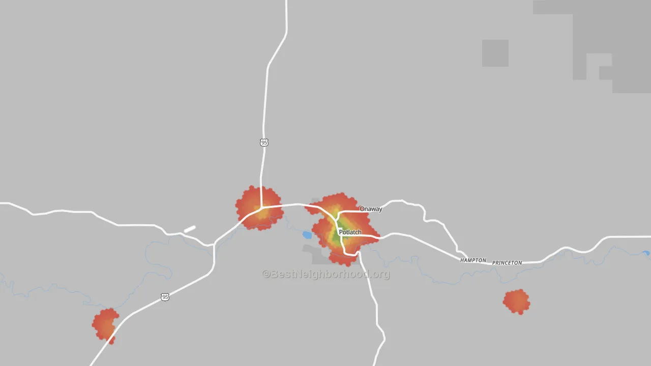 Walk Grade map of 83855, ID, walkable areas in green and car-dependent areas in red