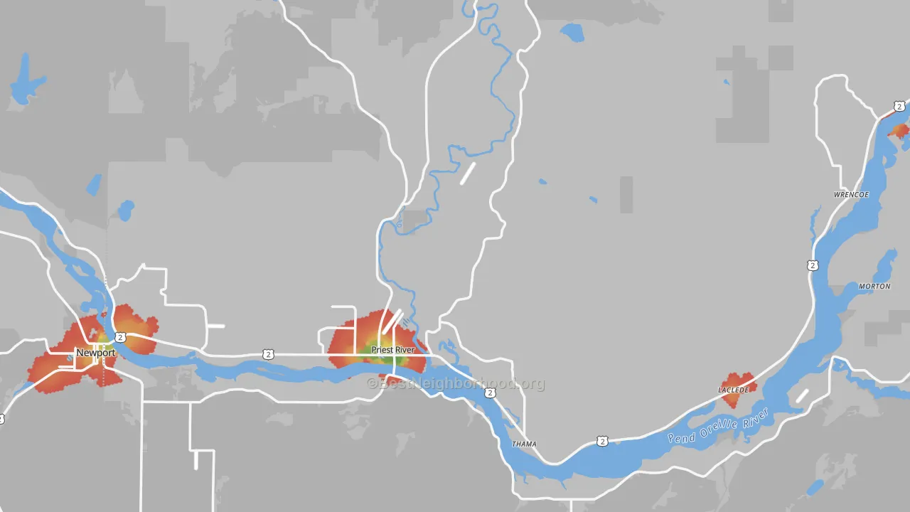 Walk Grade map of 83856, ID, walkable areas in green and car-dependent areas in red