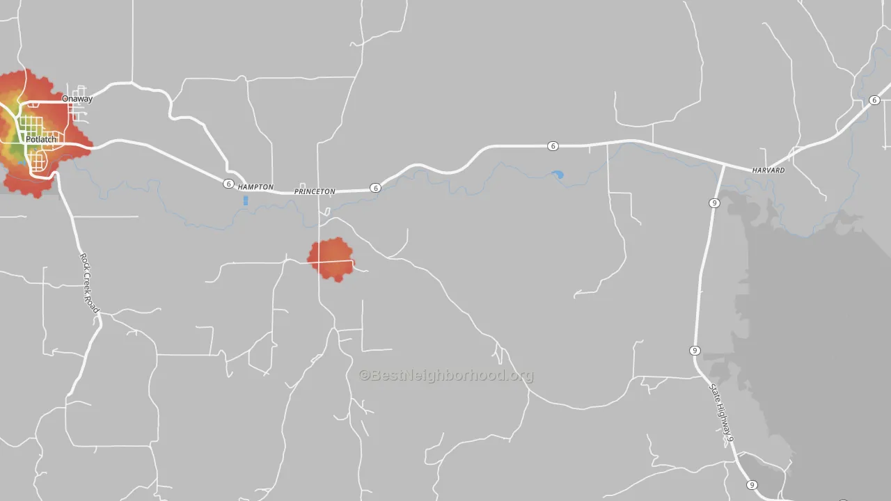 Walk Grade map of 83857, ID, walkable areas in green and car-dependent areas in red
