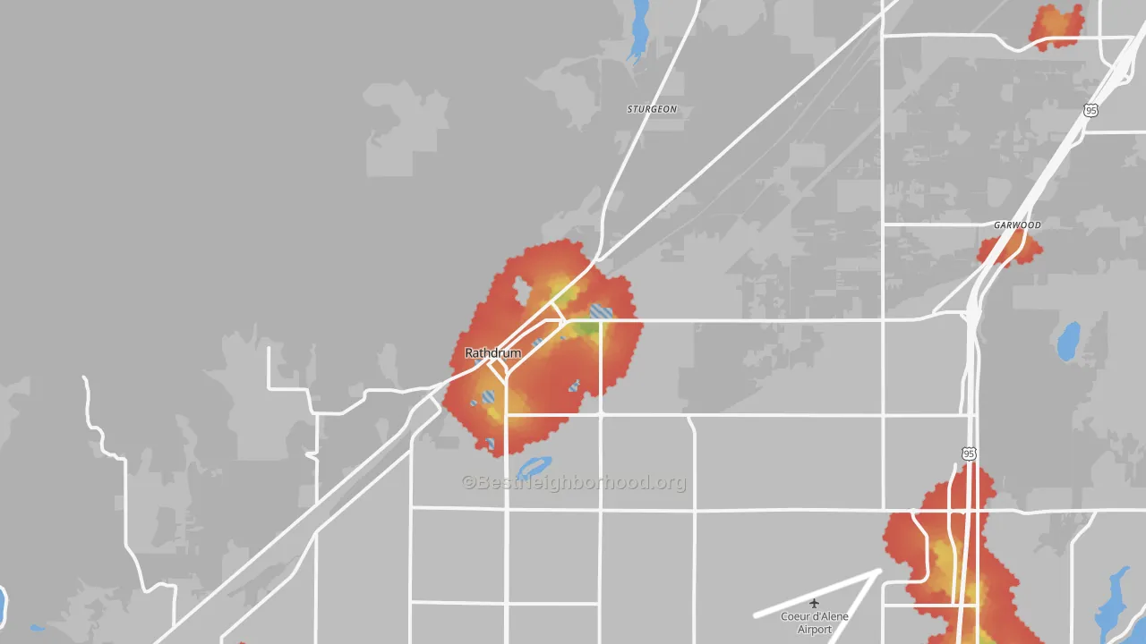Walk Grade map of 83858, ID, walkable areas in green and car-dependent areas in red