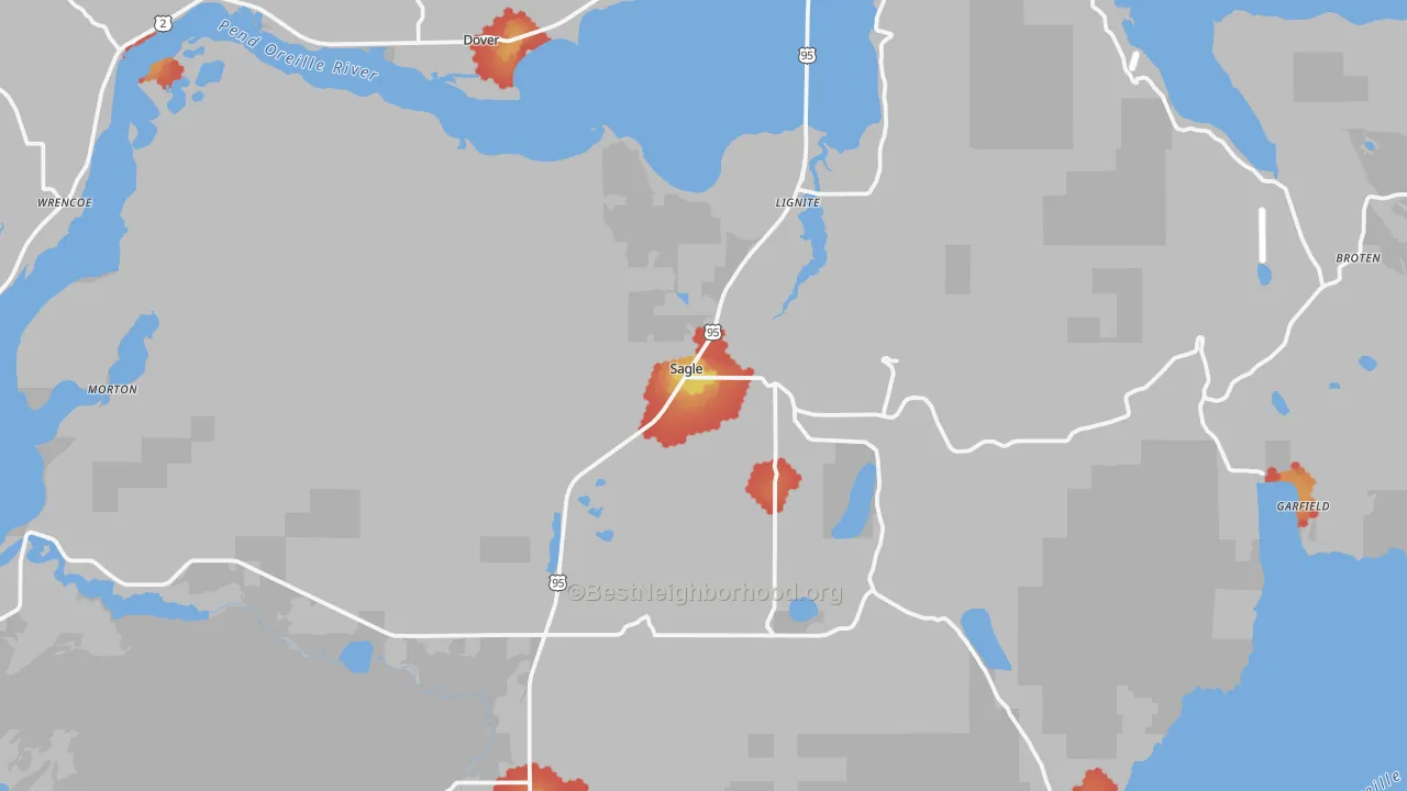 Walk Grade map of 83860, ID, walkable areas in green and car-dependent areas in red