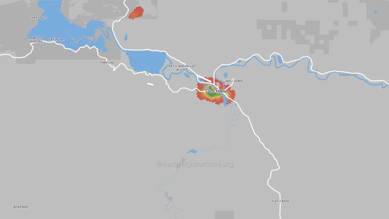 Walk Grade map of 83861, ID, walkable areas in green and car-dependent areas in red