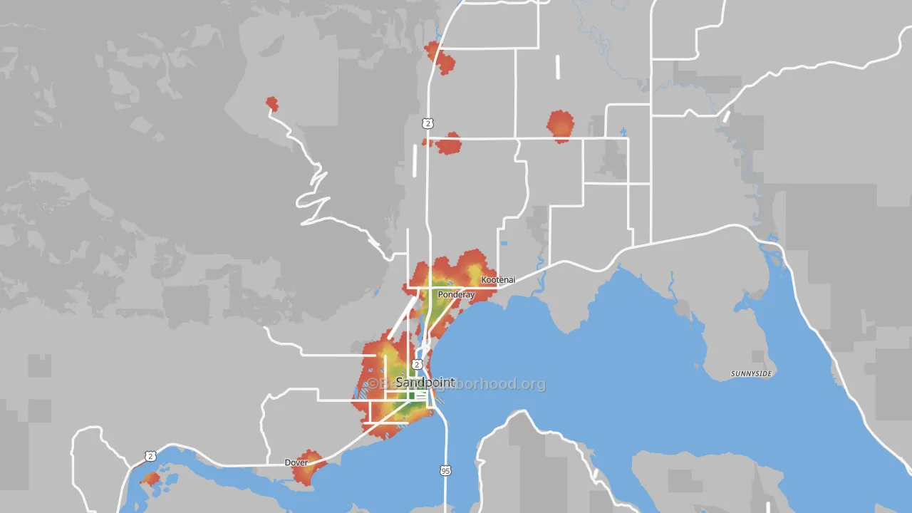Walk Grade map of 83864, ID, walkable areas in green and car-dependent areas in red