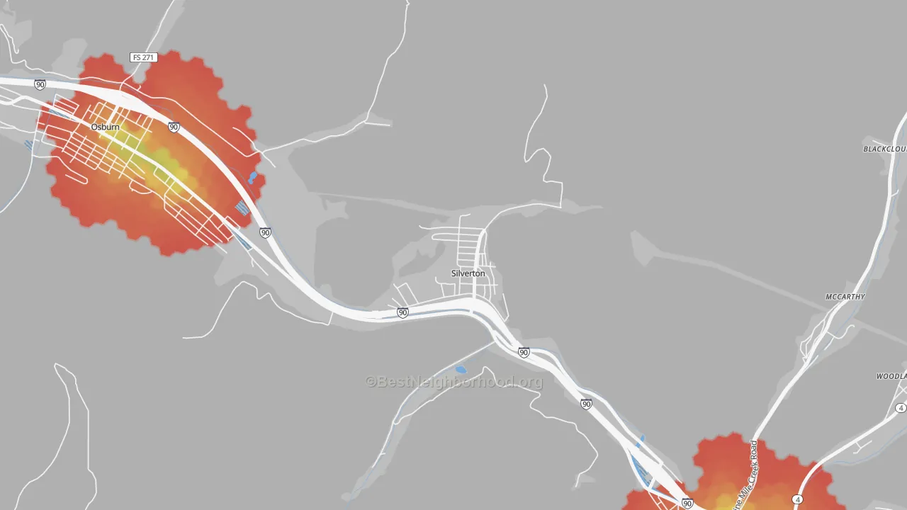 Walk Grade map of 83867, ID, walkable areas in green and car-dependent areas in red