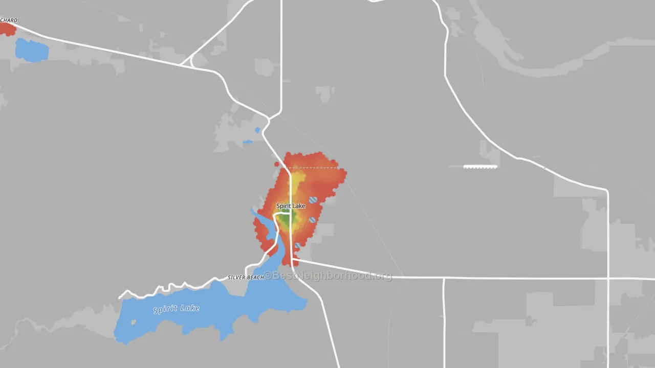 Walk Grade map of 83869, ID, walkable areas in green and car-dependent areas in red