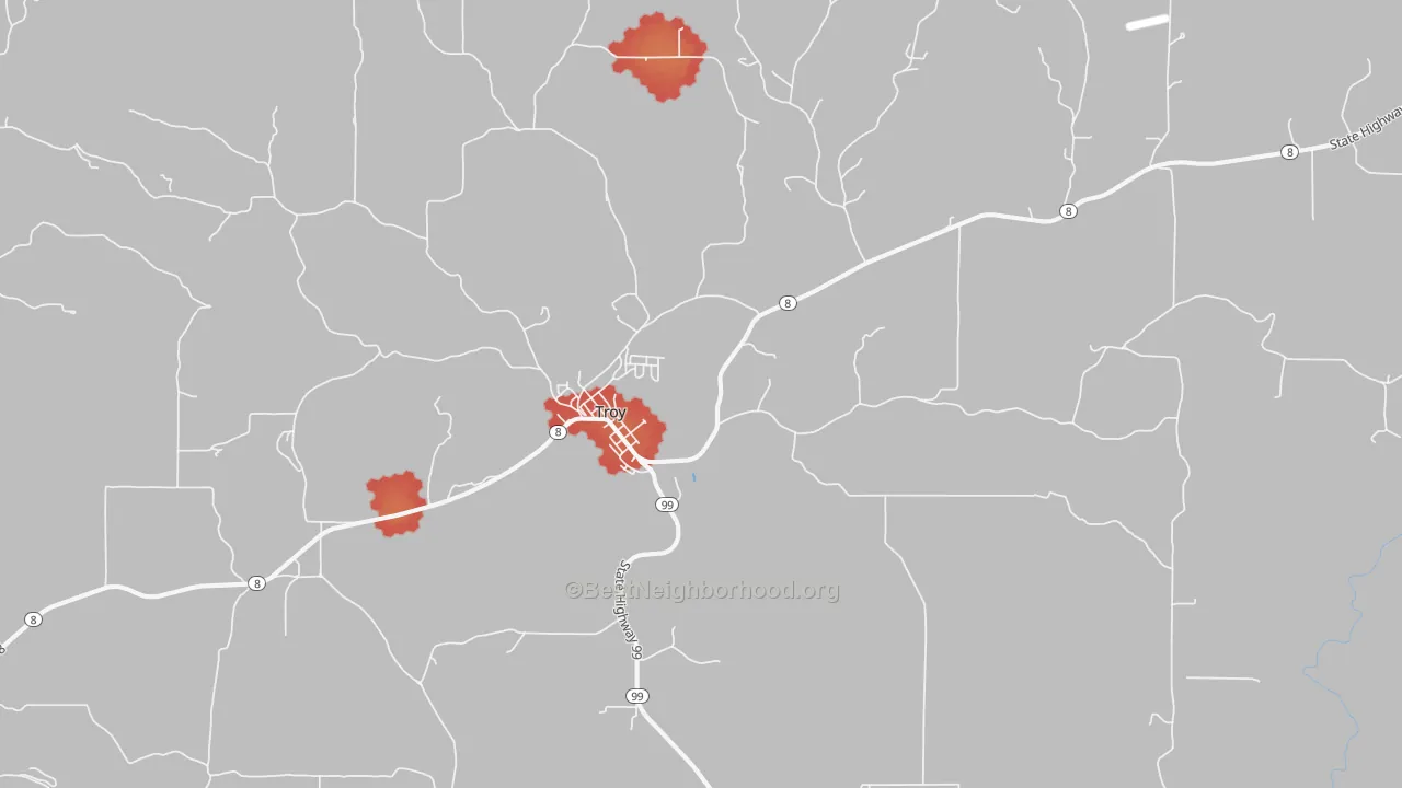 Walk Grade map of 83871, ID, walkable areas in green and car-dependent areas in red