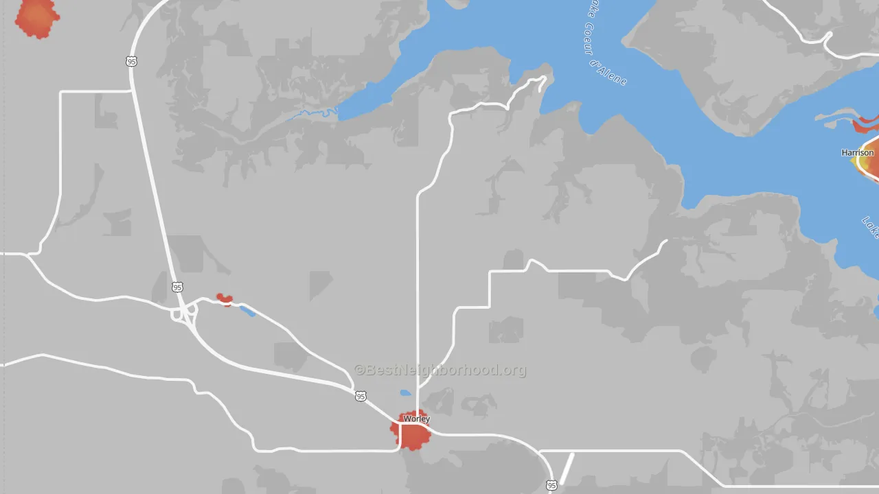 Walk Grade map of 83876, ID, walkable areas in green and car-dependent areas in red