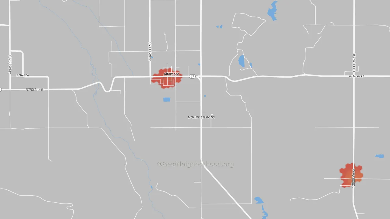 Walk Grade map of 84001, UT, walkable areas in green and car-dependent areas in red