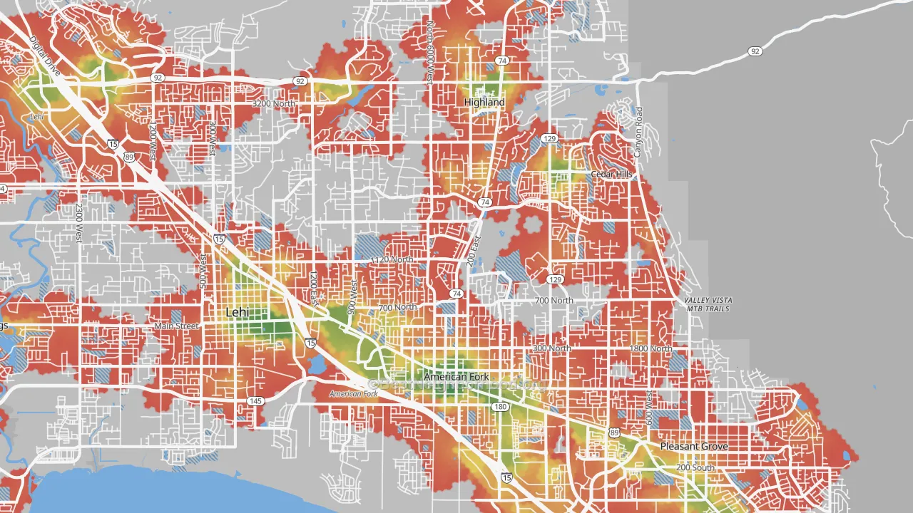 Walk Grade map of 84003, UT, walkable areas in green and car-dependent areas in red
