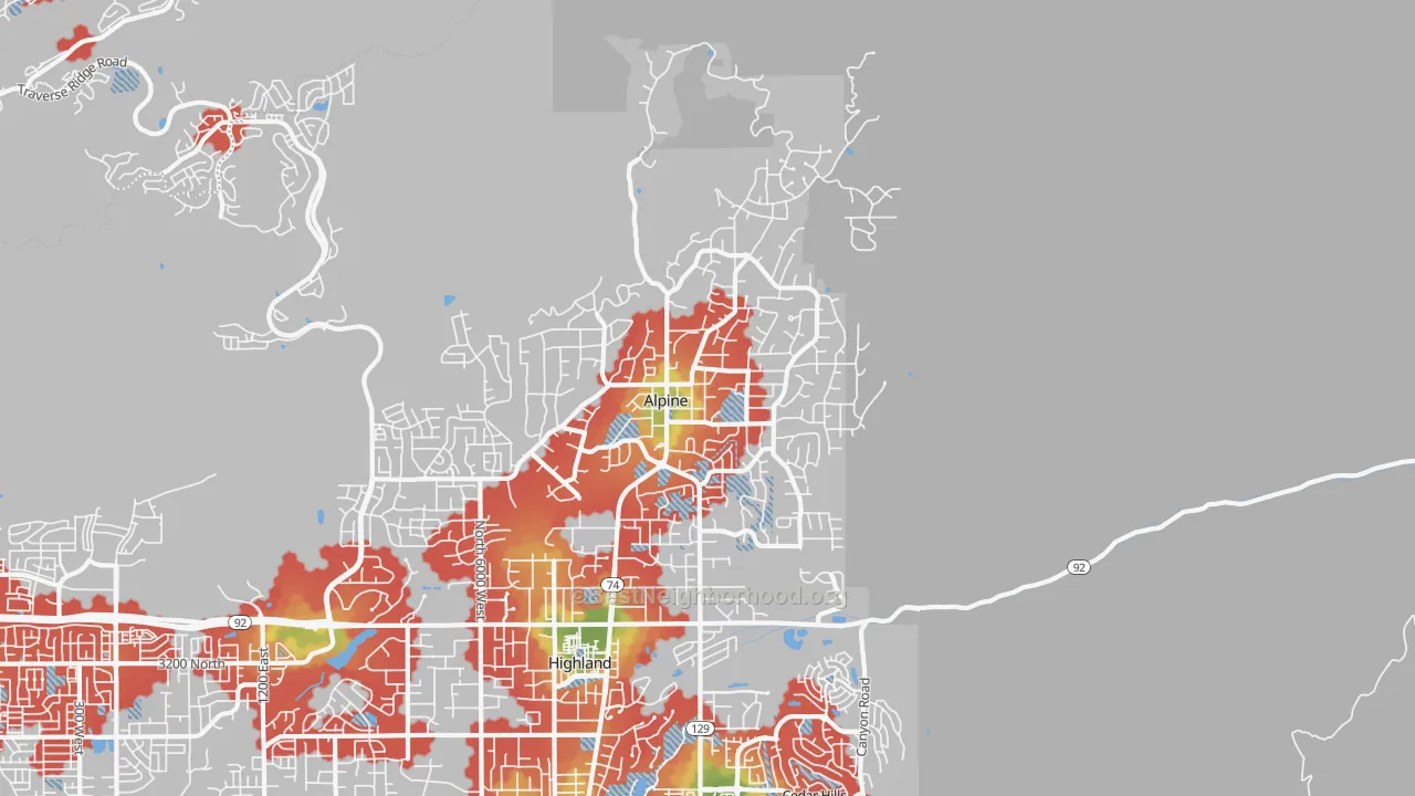Walk Grade map of 84004, UT, walkable areas in green and car-dependent areas in red