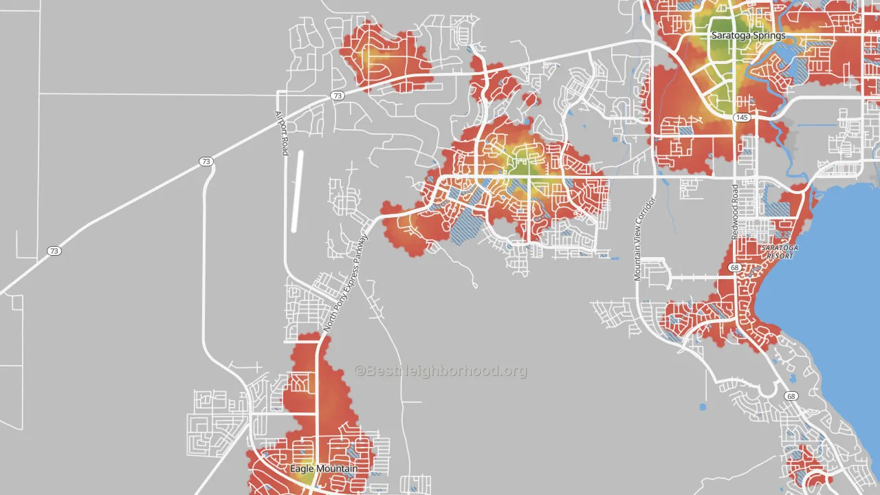 Walk Grade map of 84005, UT, walkable areas in green and car-dependent areas in red