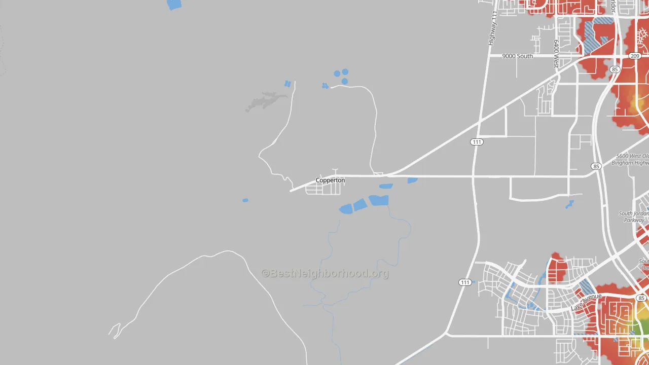 Walk Grade map of 84006, UT, walkable areas in green and car-dependent areas in red