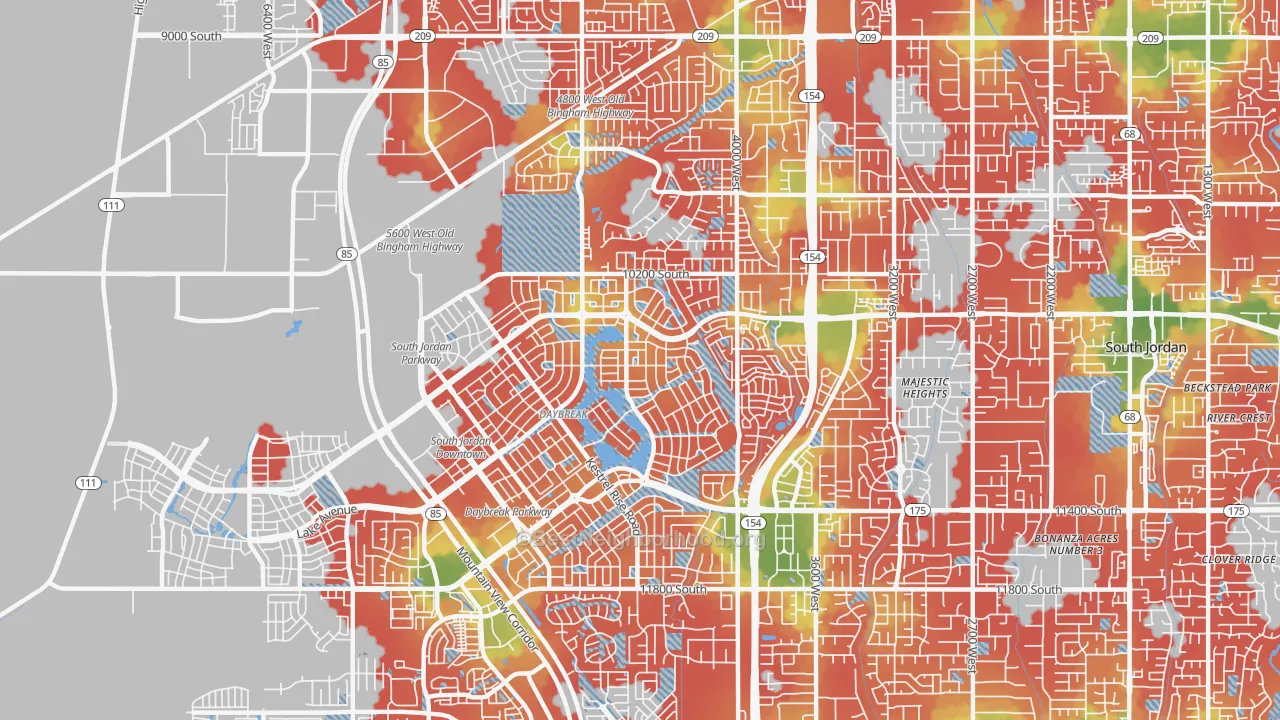 Walk Grade map of 84009, UT, walkable areas in green and car-dependent areas in red