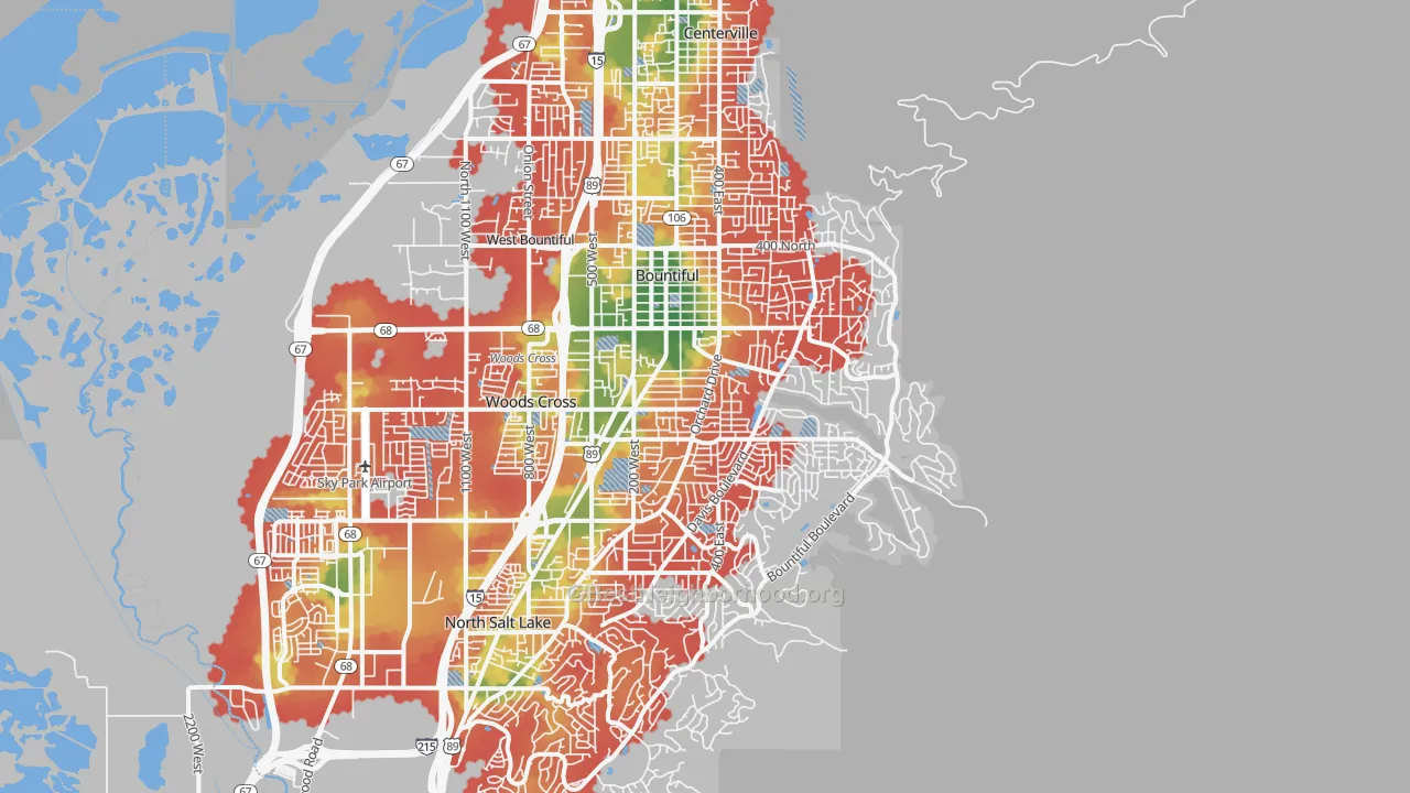 Walk Grade map of 84010, UT, walkable areas in green and car-dependent areas in red