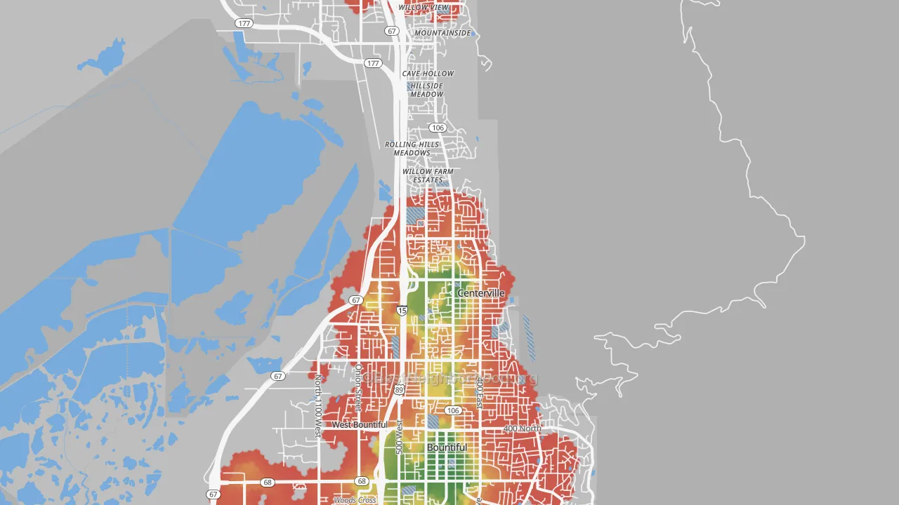Walk Grade map of 84014, UT, walkable areas in green and car-dependent areas in red