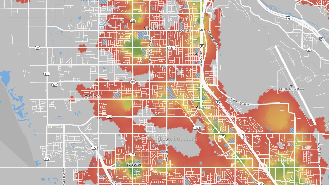 Walk Grade map of 84015, UT, walkable areas in green and car-dependent areas in red