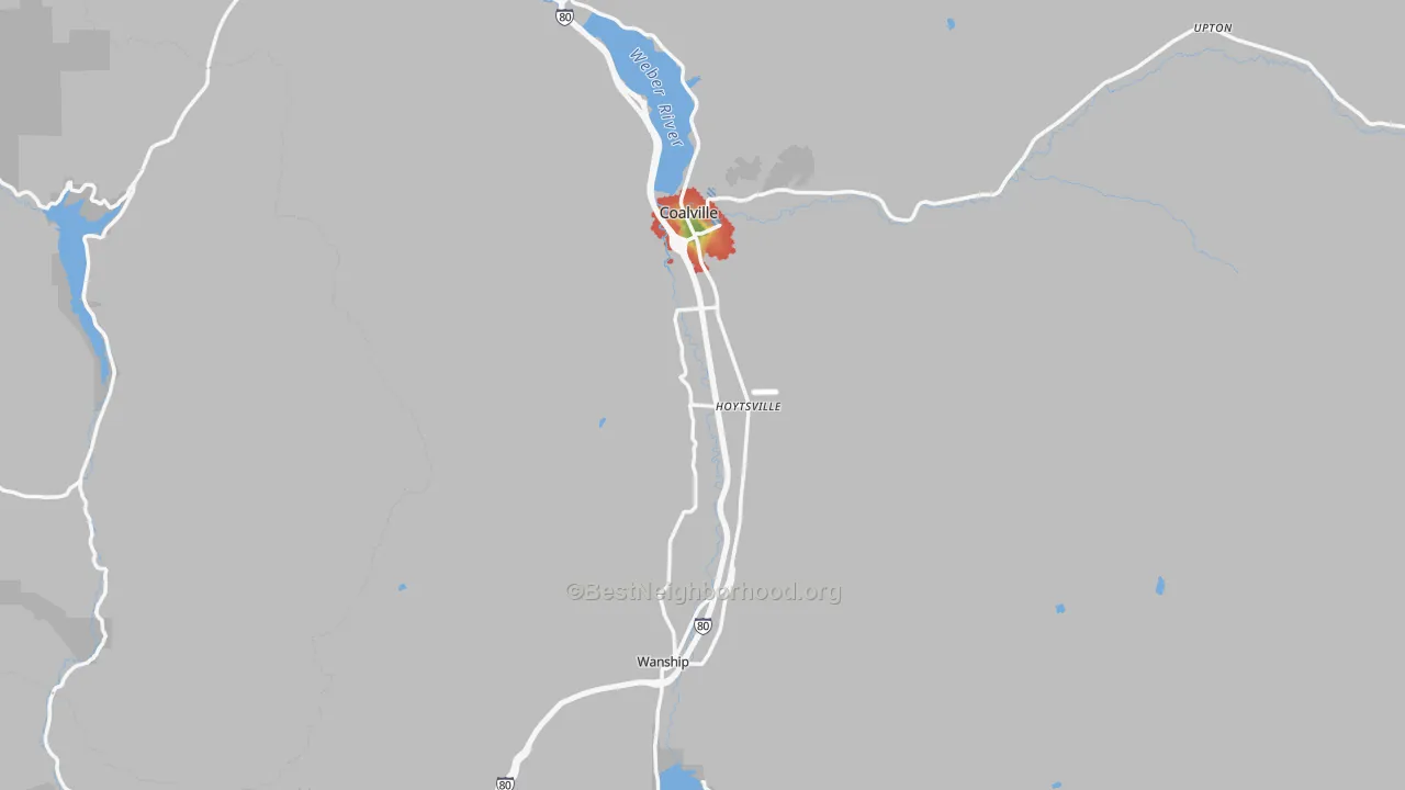 Walk Grade map of 84017, UT, walkable areas in green and car-dependent areas in red