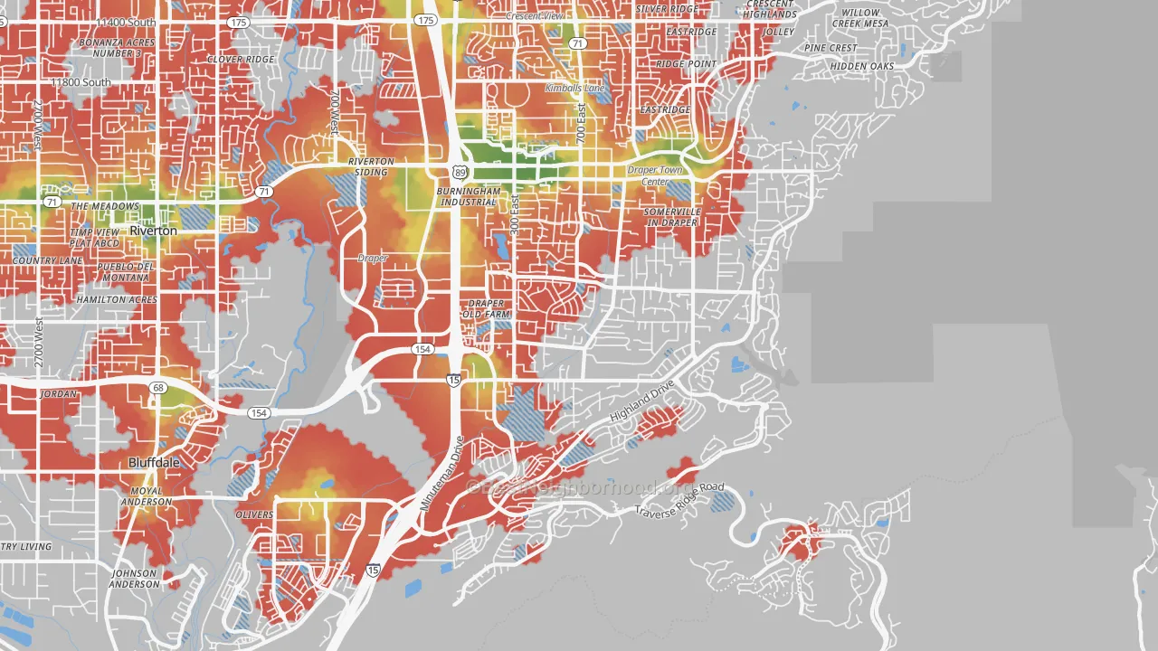 Walk Grade map of 84020, UT, walkable areas in green and car-dependent areas in red