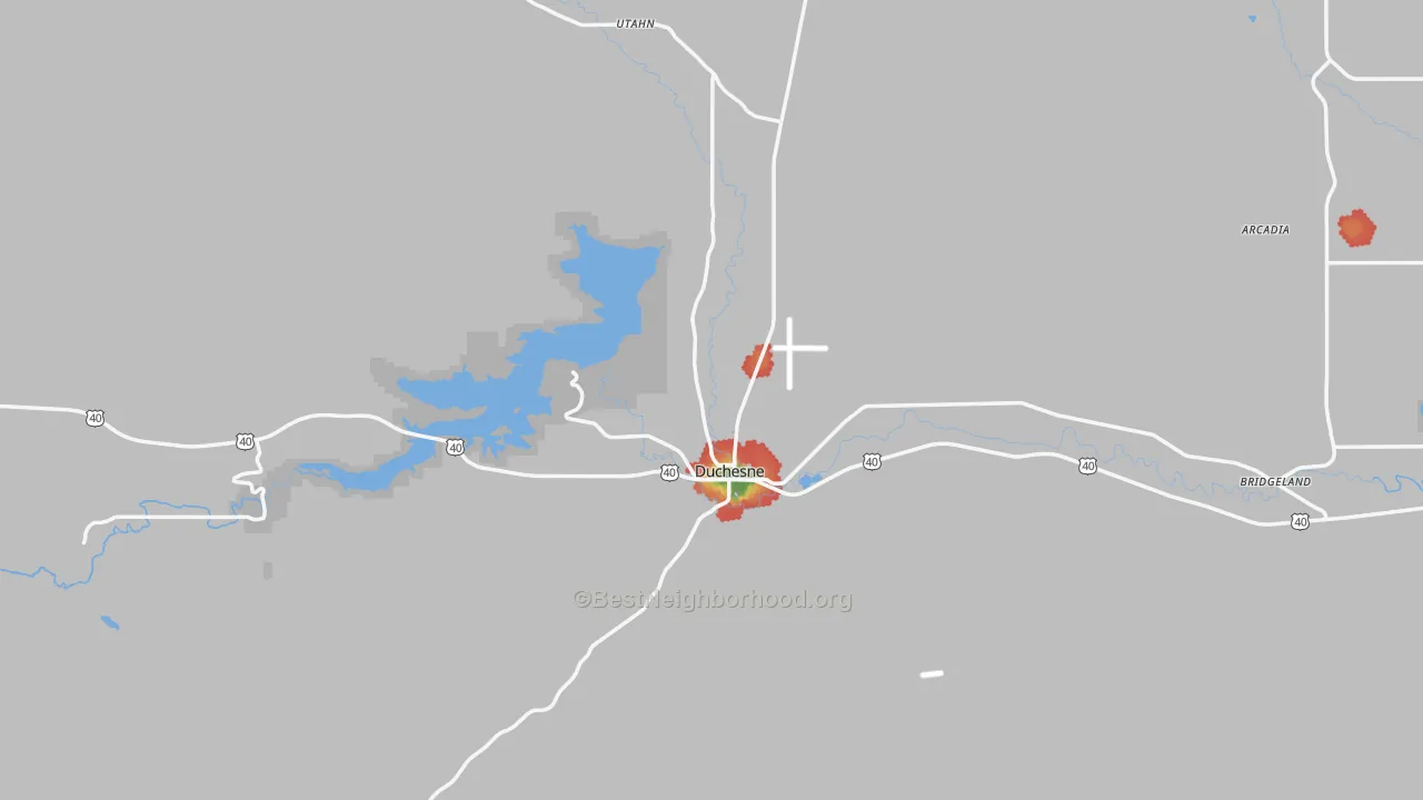 Walk Grade map of 84021, UT, walkable areas in green and car-dependent areas in red