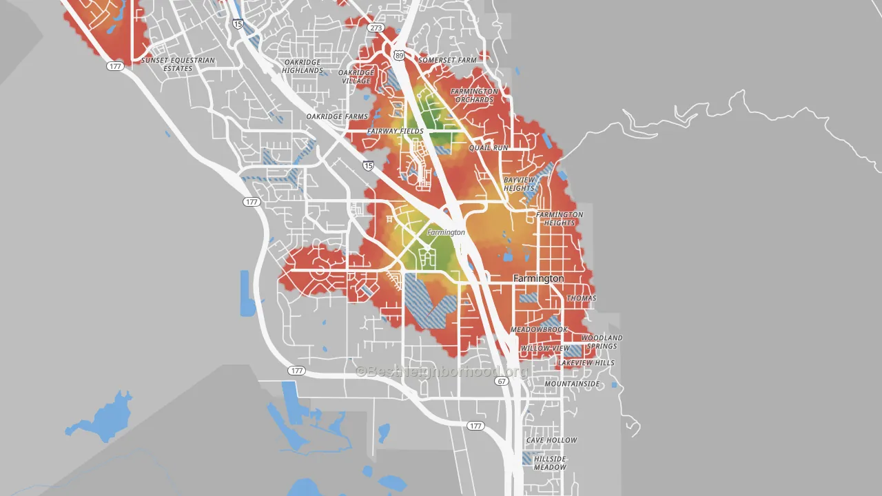 Walk Grade map of 84025, UT, walkable areas in green and car-dependent areas in red