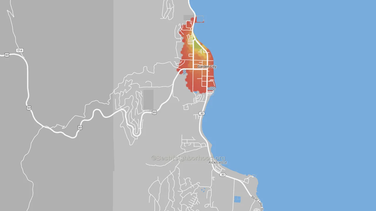 Walk Grade map of 84028, UT, walkable areas in green and car-dependent areas in red