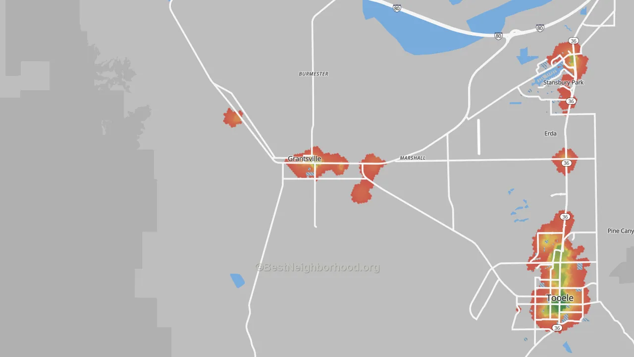 Walk Grade map of 84029, UT, walkable areas in green and car-dependent areas in red