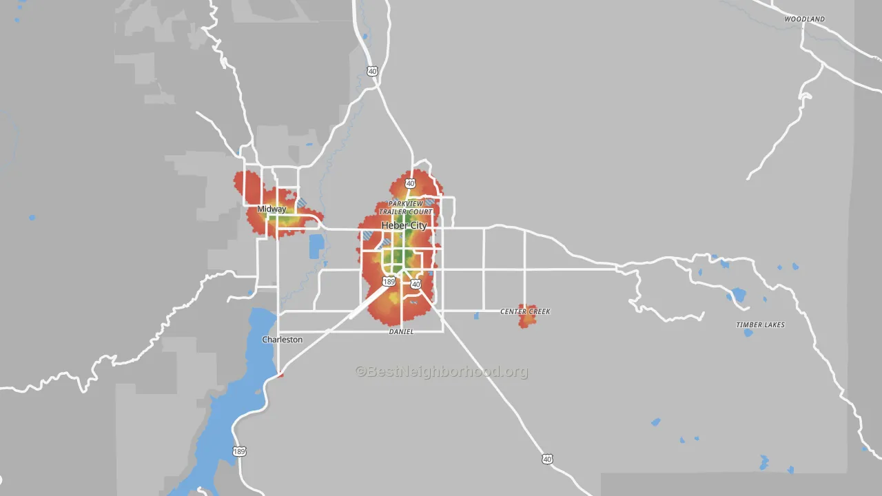 Walk Grade map of 84032, UT, walkable areas in green and car-dependent areas in red