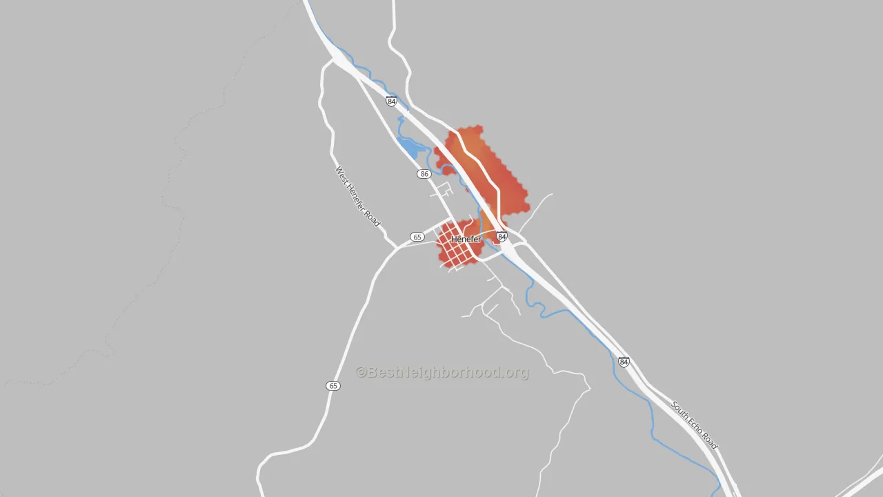 Walk Grade map of 84033, UT, walkable areas in green and car-dependent areas in red
