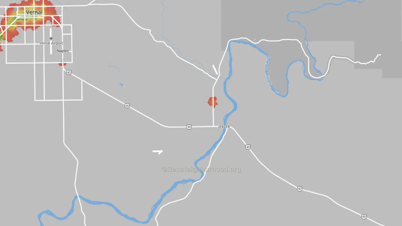 Walk Grade map of 84035, UT, walkable areas in green and car-dependent areas in red