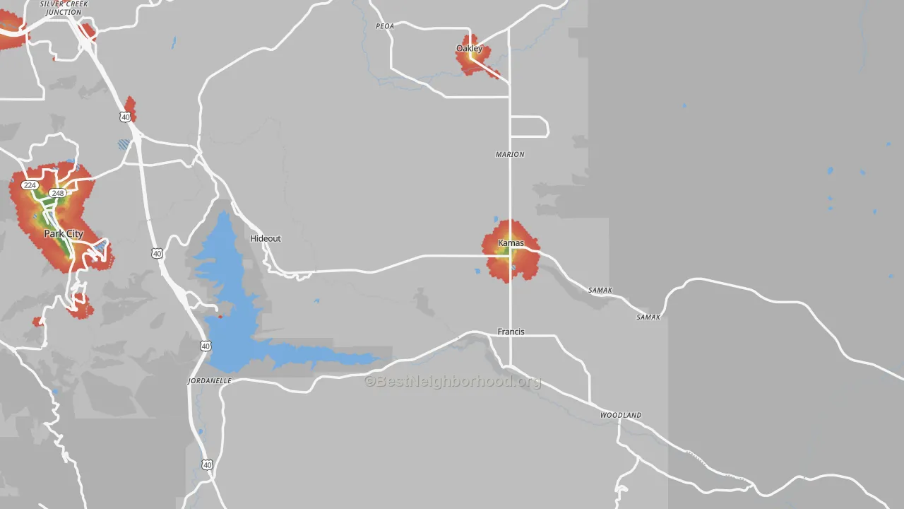 Walk Grade map of 84036, UT, walkable areas in green and car-dependent areas in red
