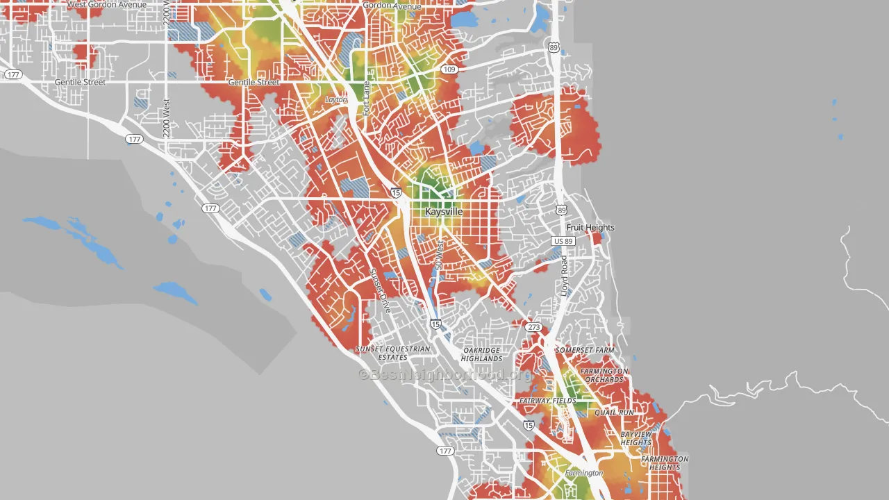Walk Grade map of 84037, UT, walkable areas in green and car-dependent areas in red