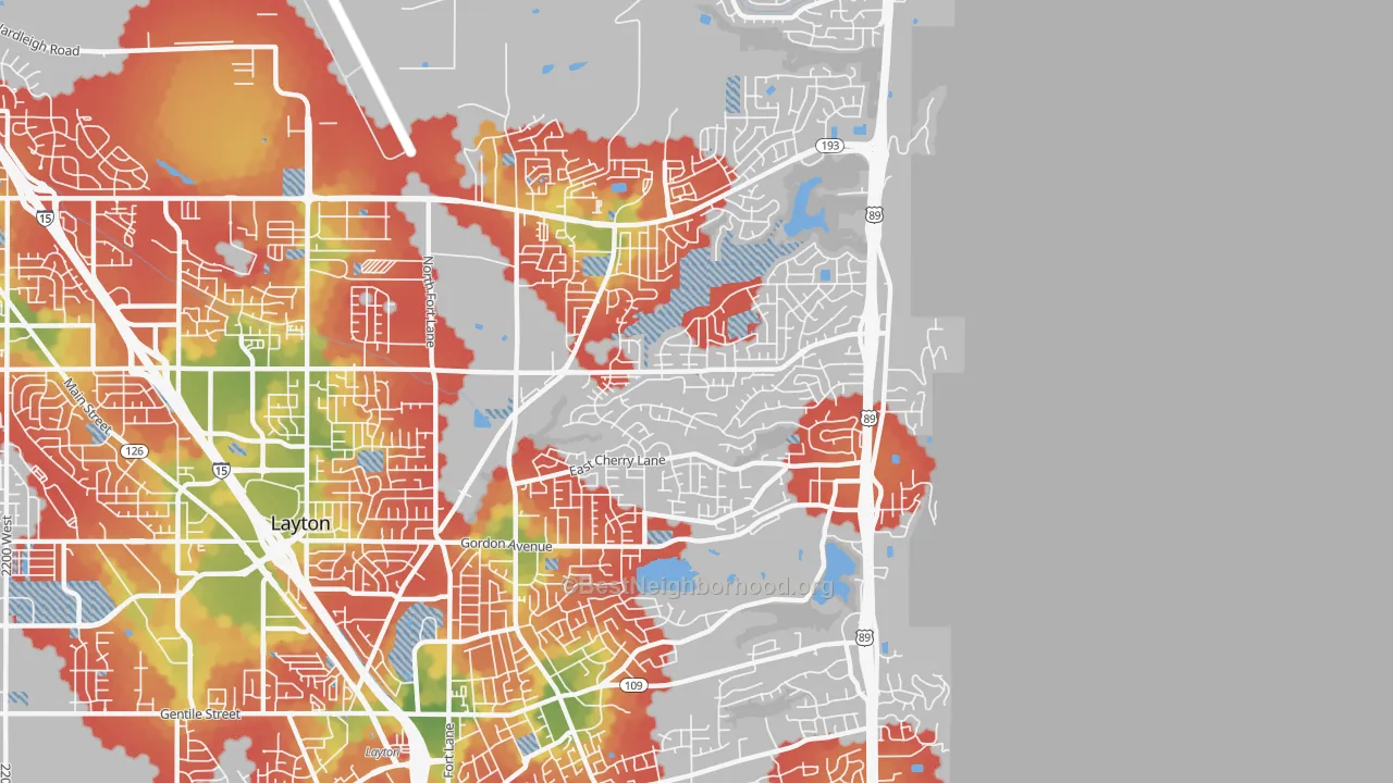Walk Grade map of 84040, UT, walkable areas in green and car-dependent areas in red
