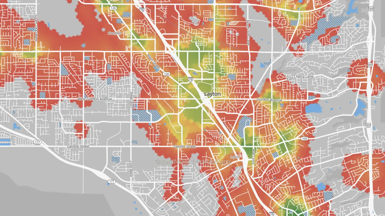 Walk Grade map of 84041, UT, walkable areas in green and car-dependent areas in red