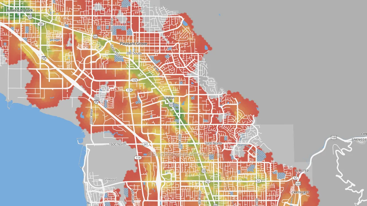 Walk Grade map of 84042, UT, walkable areas in green and car-dependent areas in red