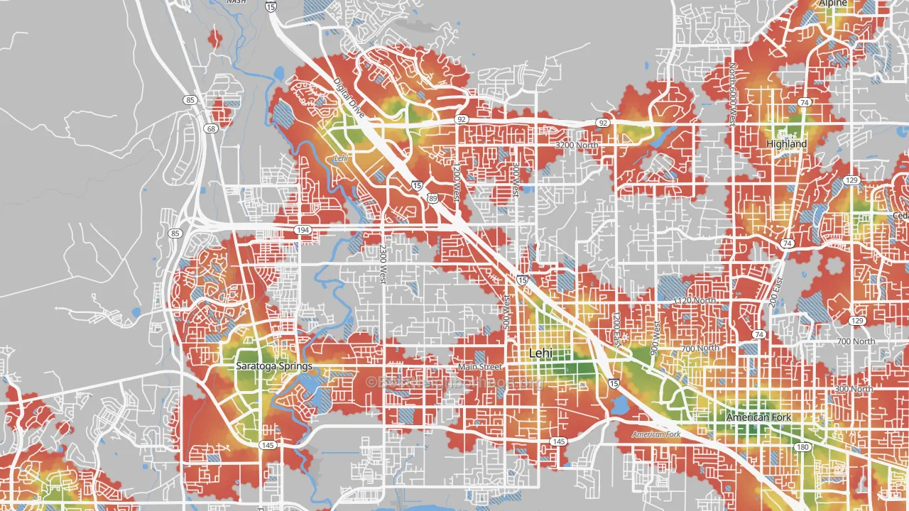 Walk Grade map of 84043, UT, walkable areas in green and car-dependent areas in red