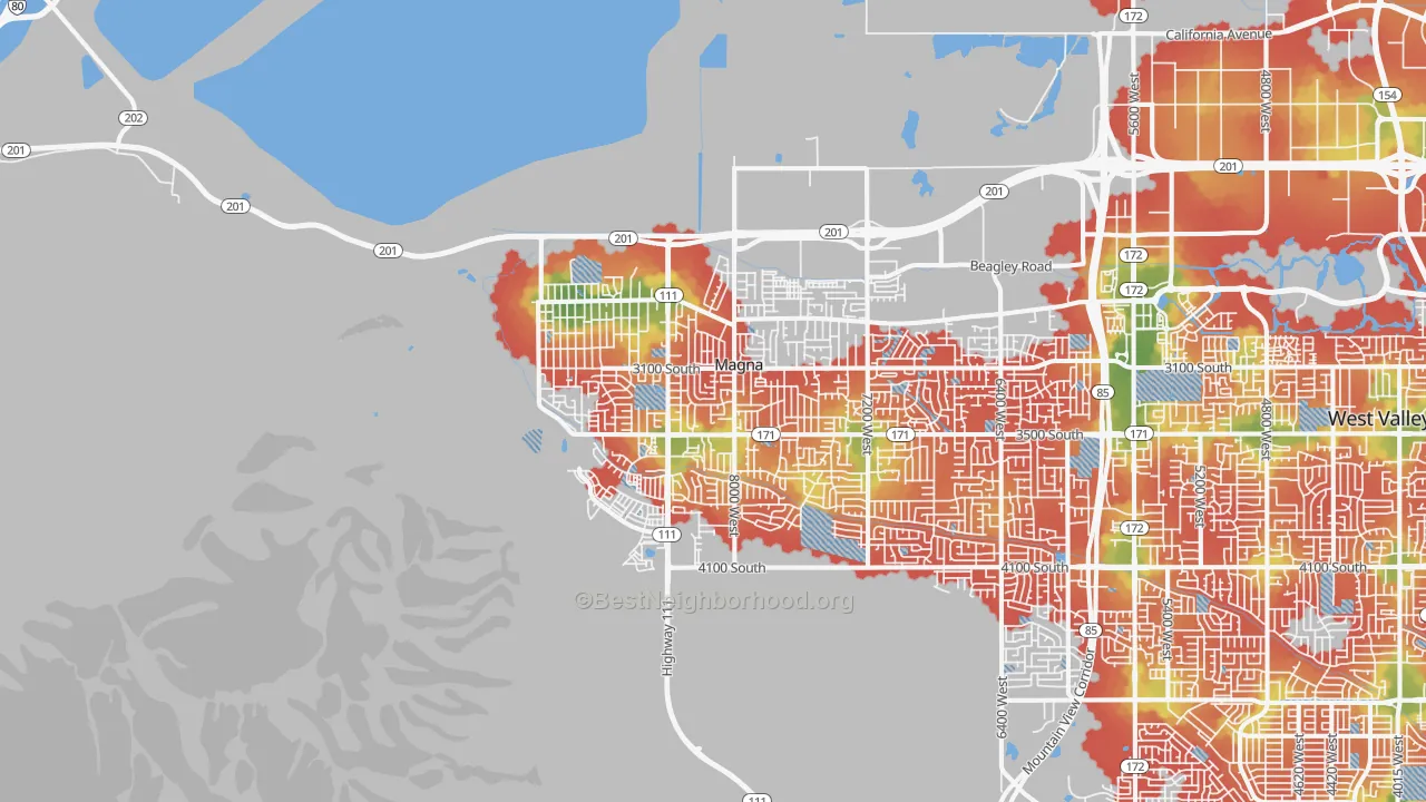 Walk Grade map of 84044, UT, walkable areas in green and car-dependent areas in red
