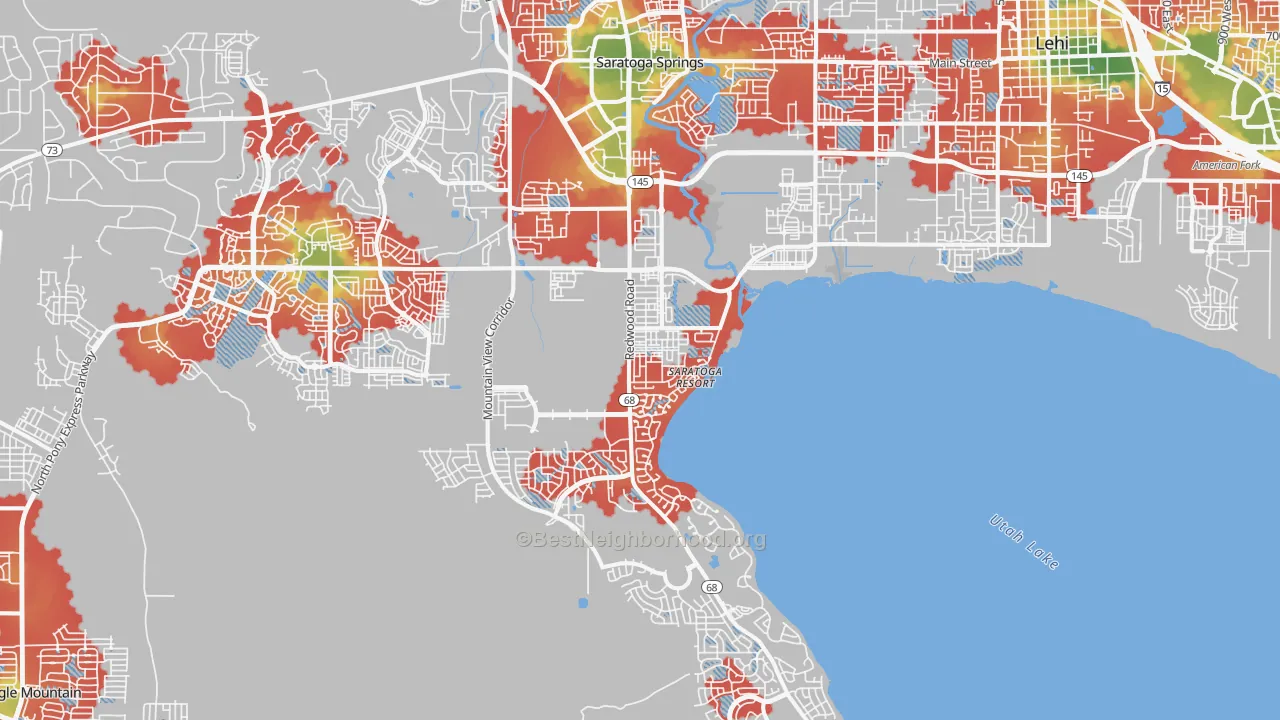 Walk Grade map of 84045, UT, walkable areas in green and car-dependent areas in red