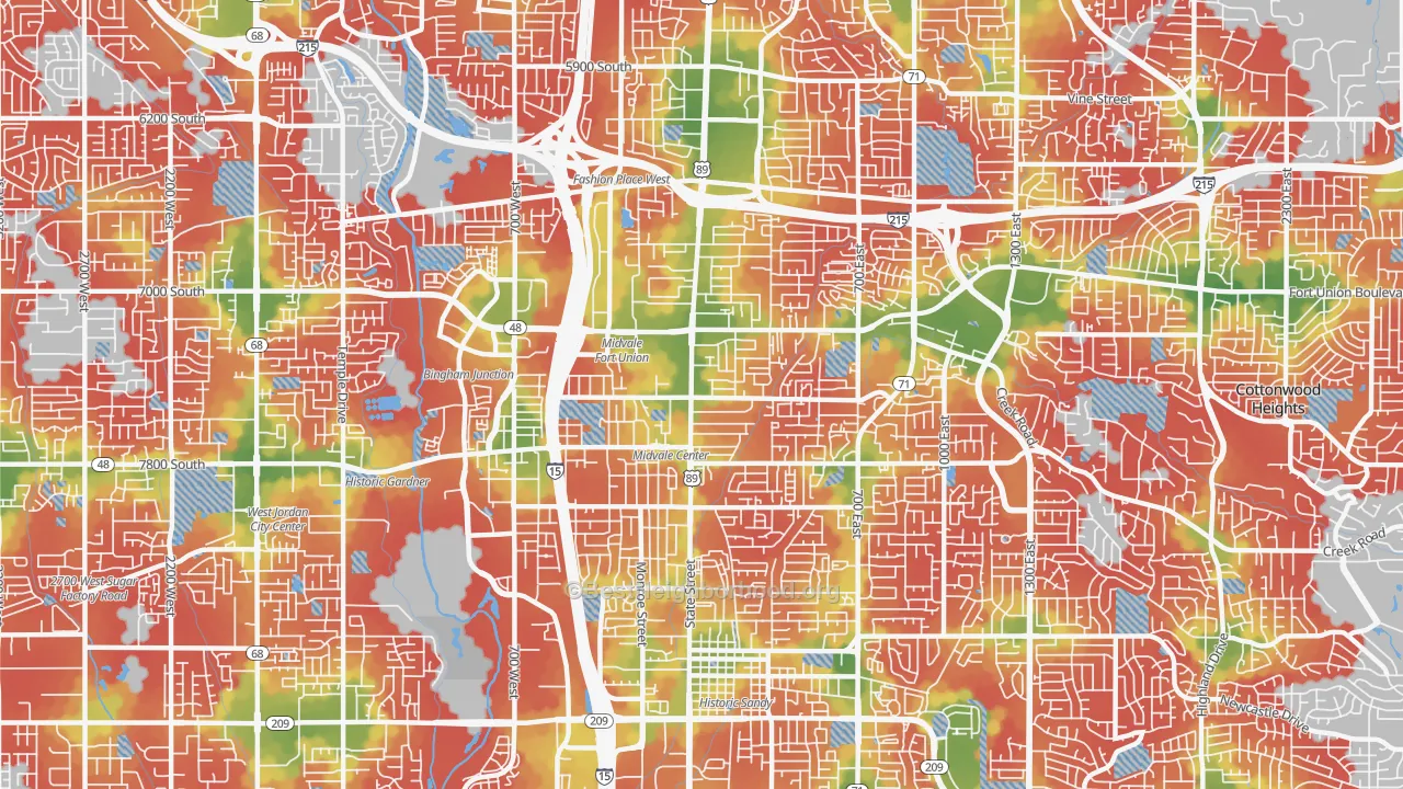 Walk Grade map of 84047, UT, walkable areas in green and car-dependent areas in red