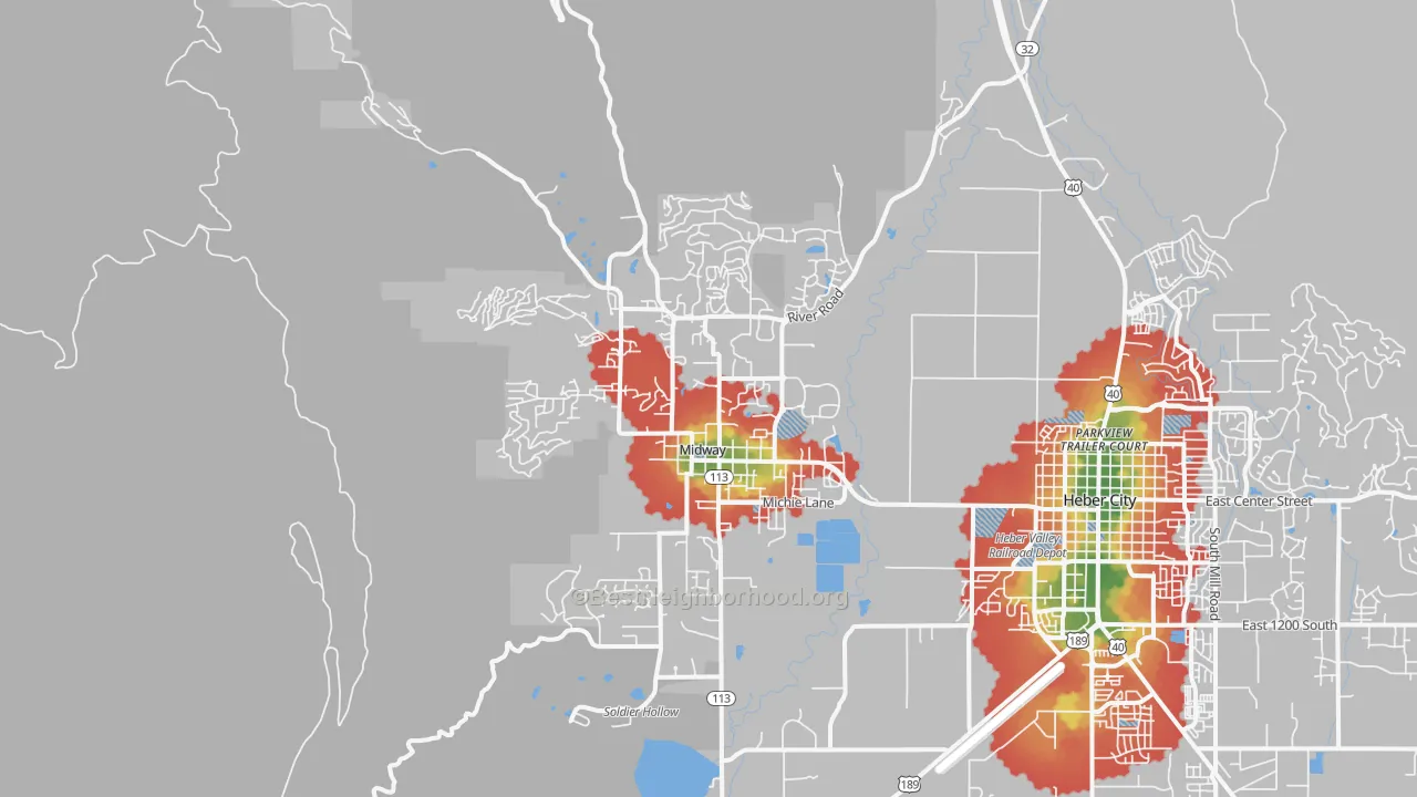 Walk Grade map of 84049, UT, walkable areas in green and car-dependent areas in red