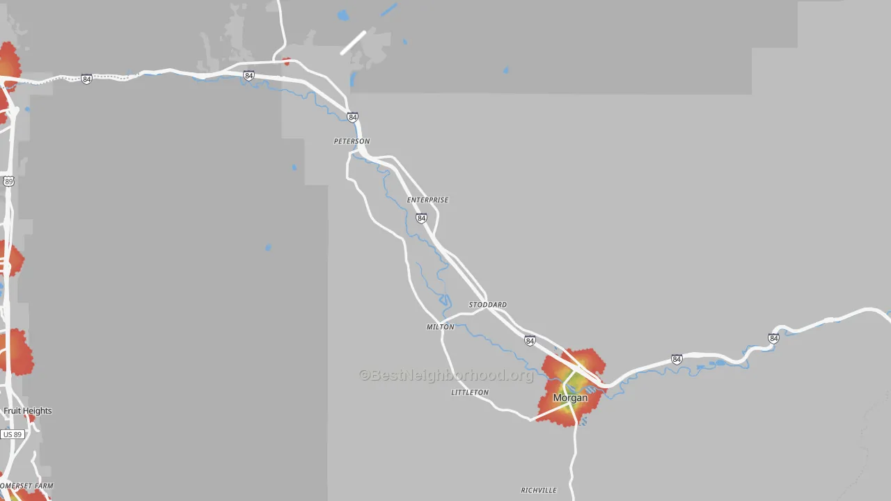 Walk Grade map of 84050, UT, walkable areas in green and car-dependent areas in red