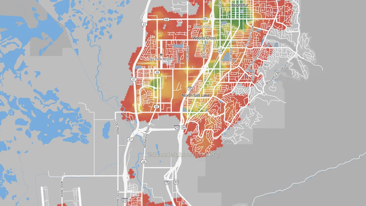 Walk Grade map of 84054, UT, walkable areas in green and car-dependent areas in red