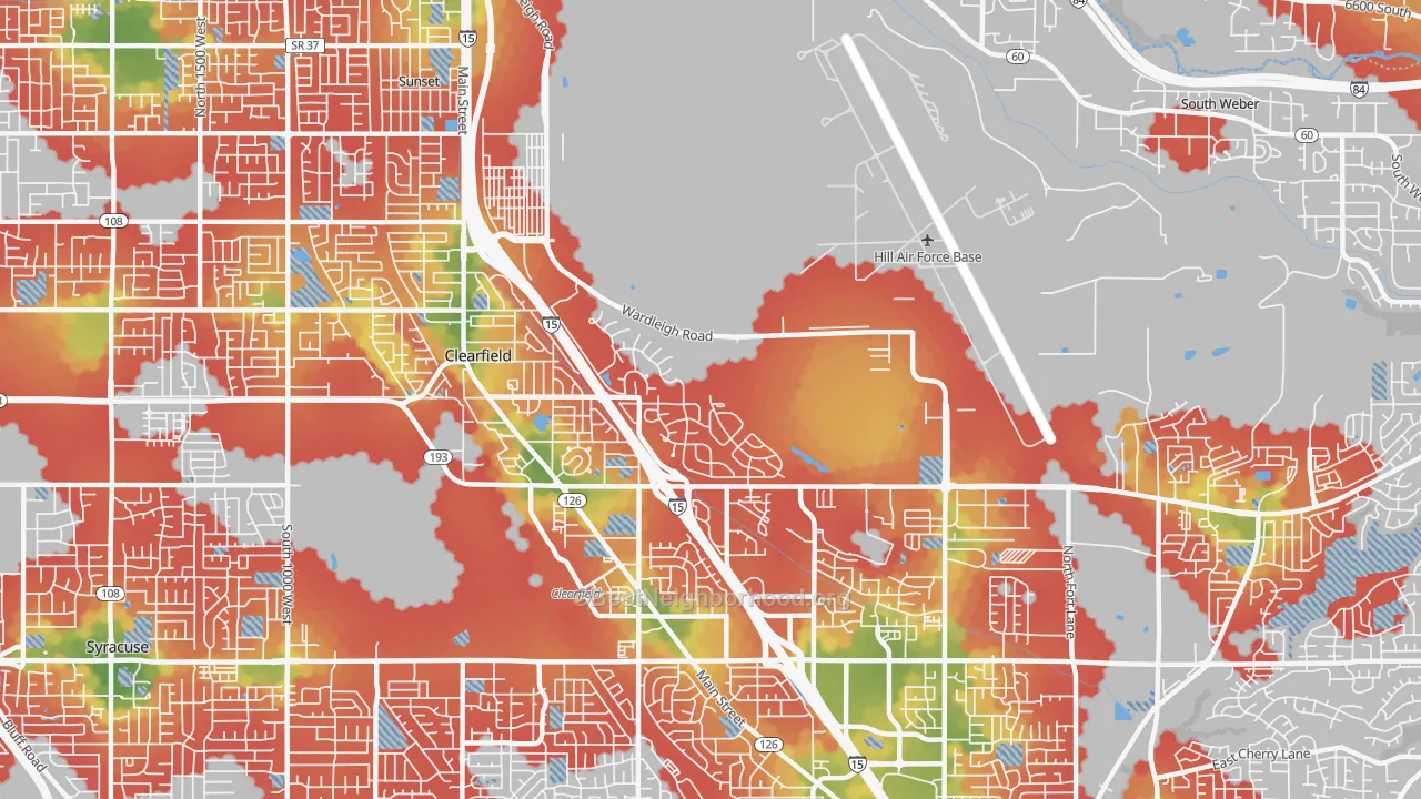 Walk Grade map of 84056, UT, walkable areas in green and car-dependent areas in red