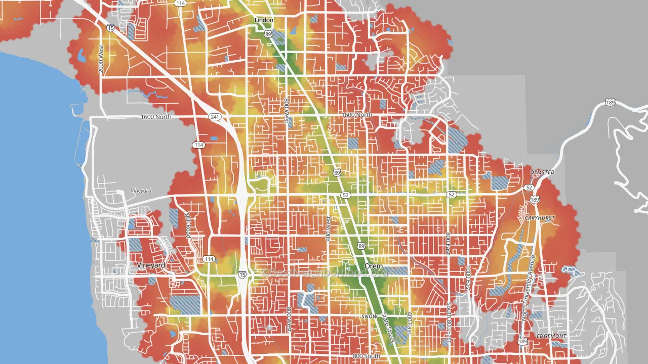 Walk Grade map of 84057, UT, walkable areas in green and car-dependent areas in red