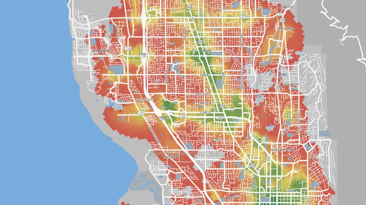 Walk Grade map of 84058, UT, walkable areas in green and car-dependent areas in red