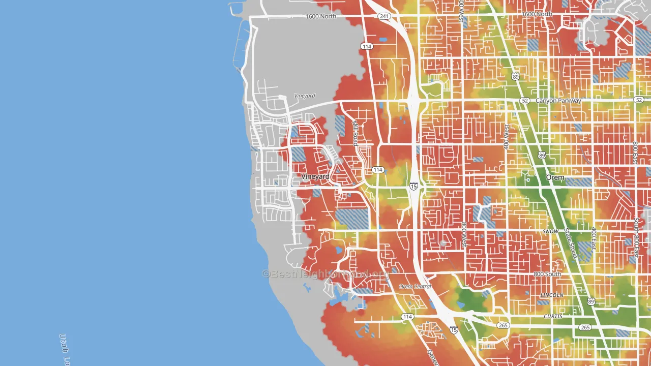 Walk Grade map of 84059, UT, walkable areas in green and car-dependent areas in red