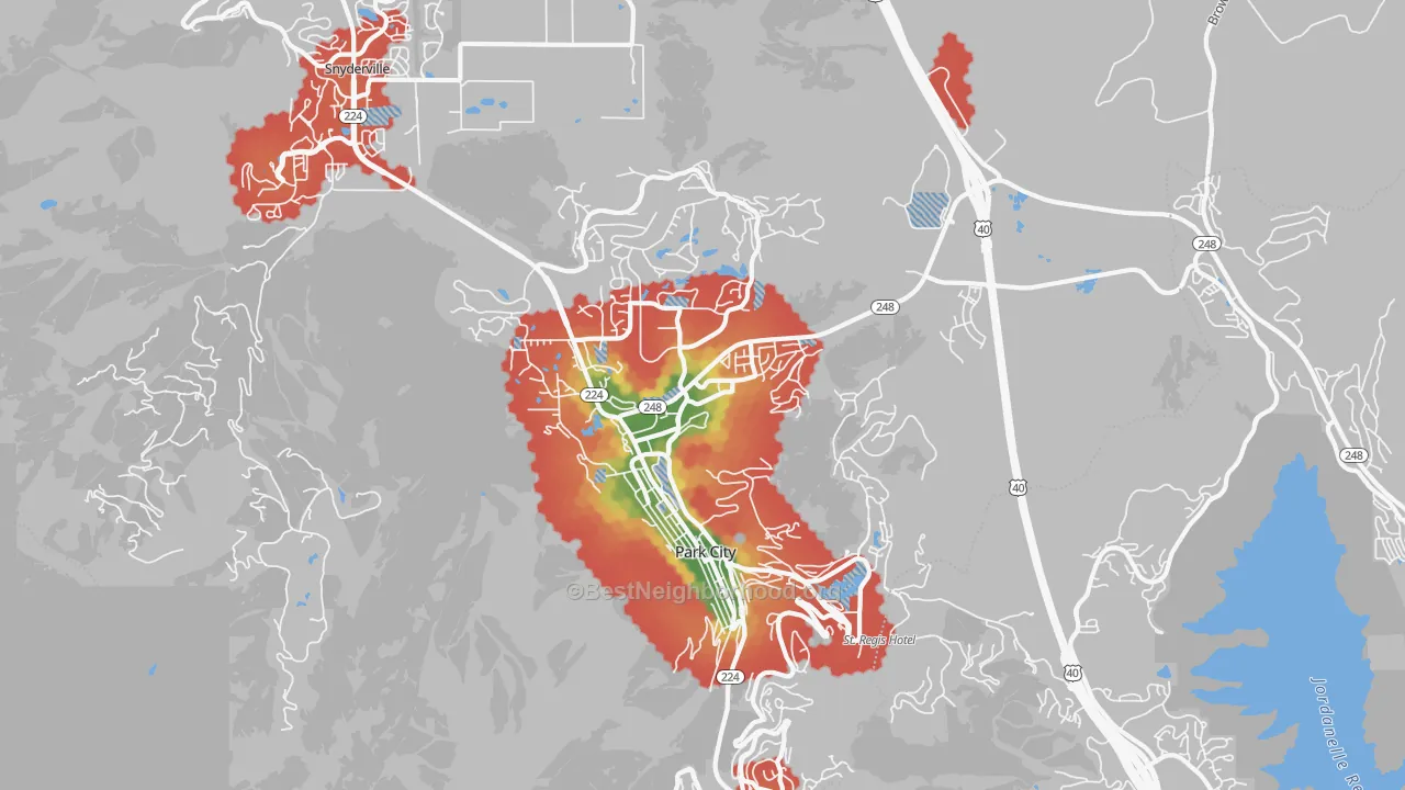 Walk Grade map of 84060, UT, walkable areas in green and car-dependent areas in red