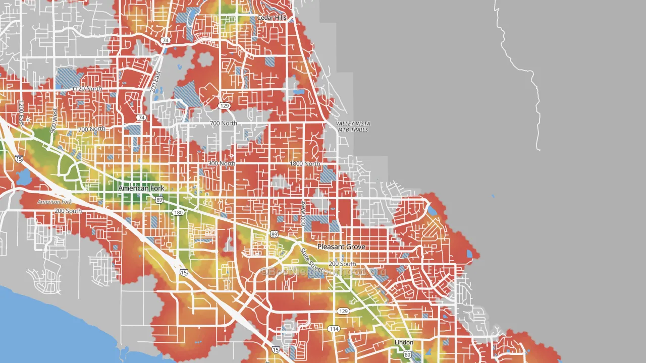 Walk Grade map of 84062, UT, walkable areas in green and car-dependent areas in red
